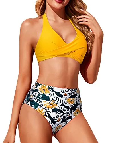 Ruched Twist Front Bikini Top With Bottoms High Waisted Swimsuit-Yellow Floral