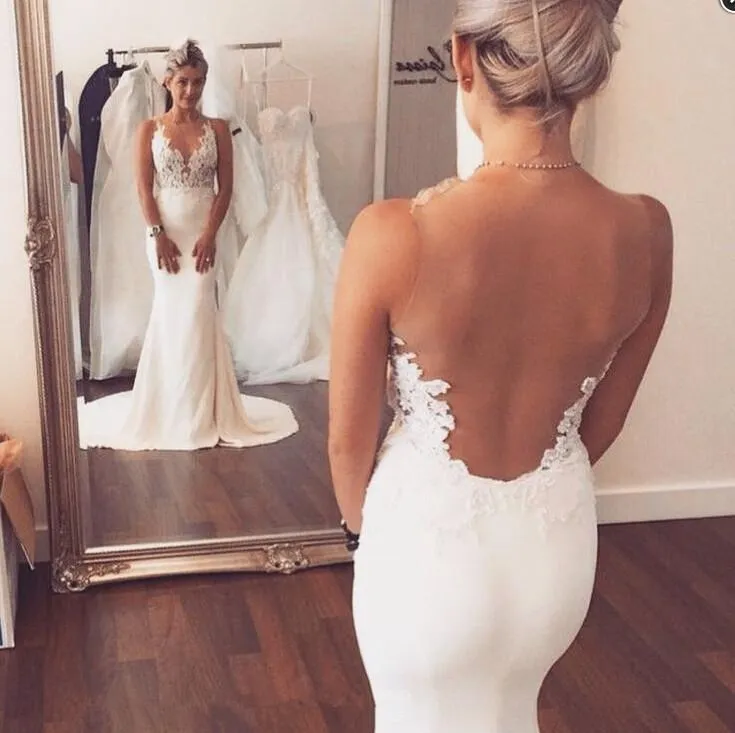 Sexy Mermaid Lace Sheer Back Long Ivory Beach/Coast Wedding Dress PFW0234