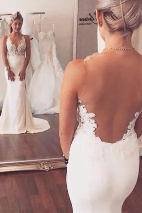 Sexy Mermaid Lace Sheer Back Long Ivory Beach/Coast Wedding Dress PFW0234
