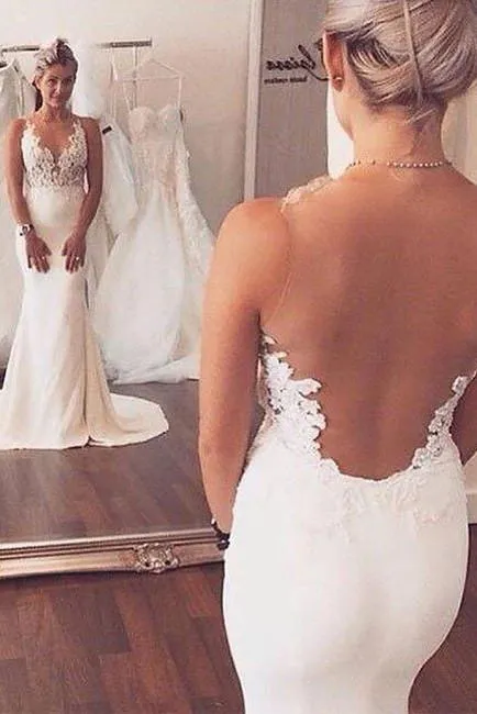 Sexy Mermaid Lace Sheer Back Long Ivory Beach/Coast Wedding Dress PFW0234