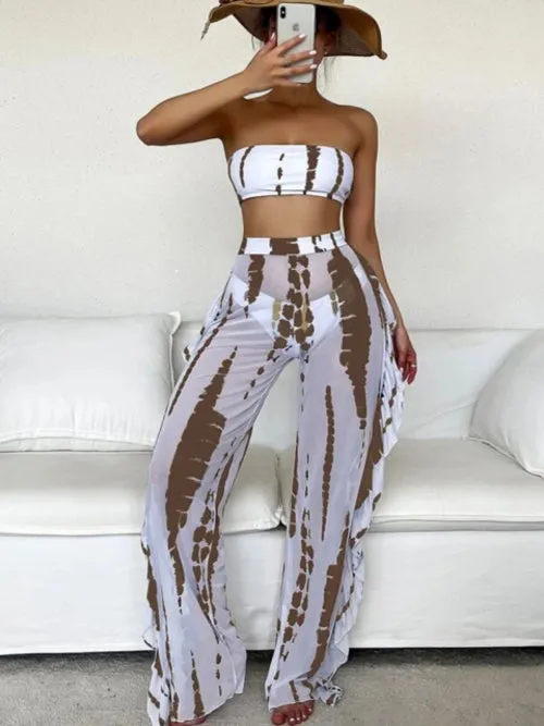 Sexy Print Three Pieces Bikini Set With Beach Pants Swimwear