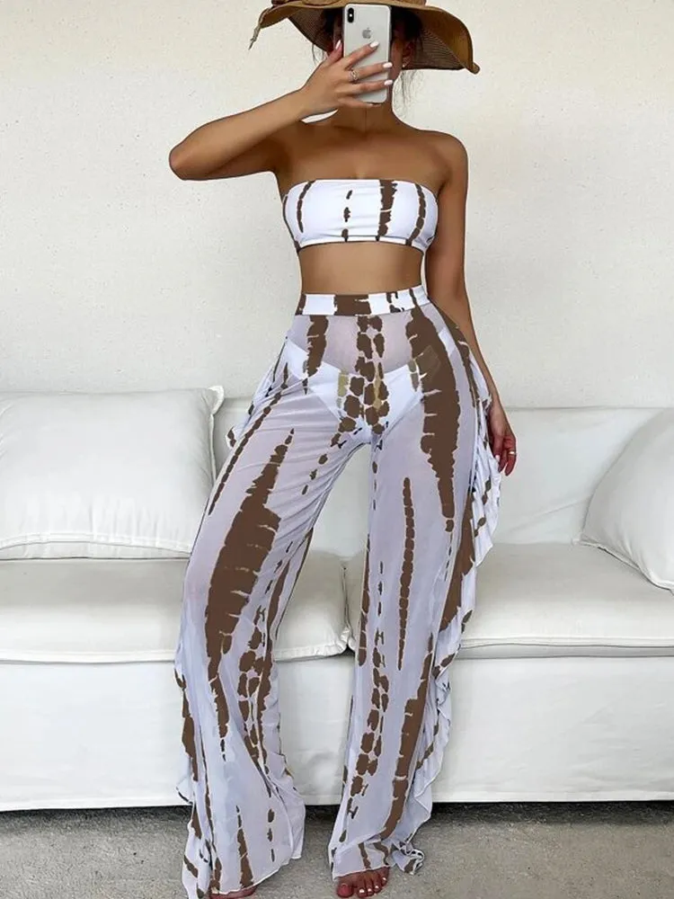 Sexy Print Three Pieces Bikini Set With Beach Pants Swimwear