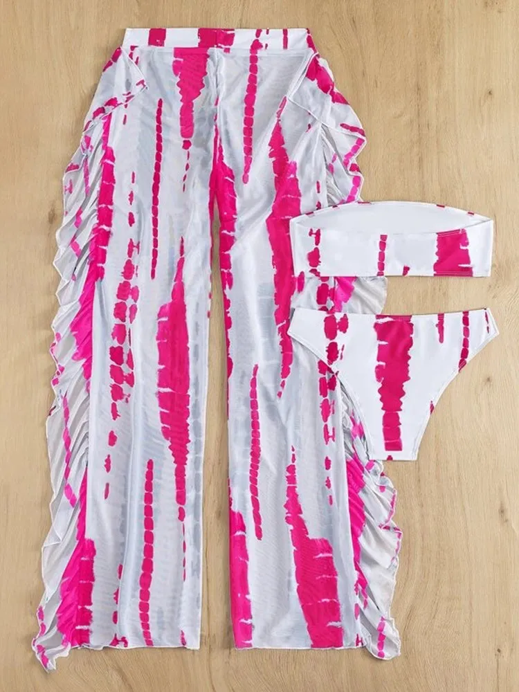 Sexy Print Three Pieces Bikini Set With Beach Pants Swimwear