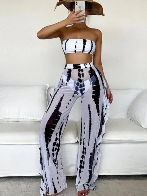 Sexy Print Three Pieces Bikini Set With Beach Pants Swimwear