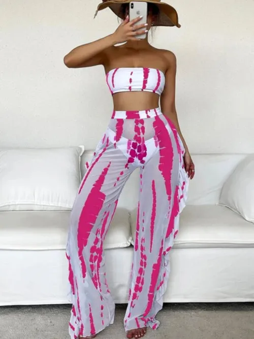 Sexy Print Three Pieces Bikini Set With Beach Pants Swimwear