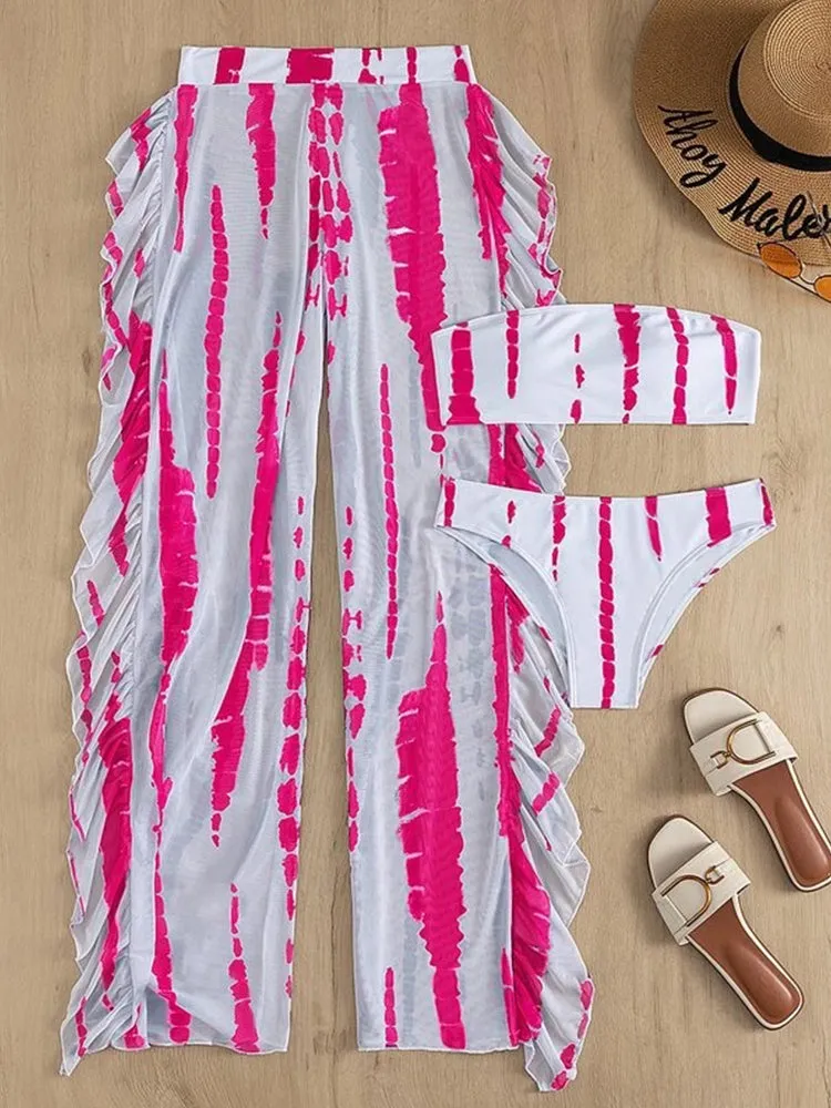 Sexy Print Three Pieces Bikini Set With Beach Pants Swimwear