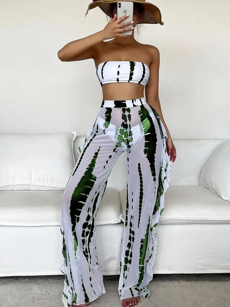 Sexy Print Three Pieces Bikini Set With Beach Pants Swimwear