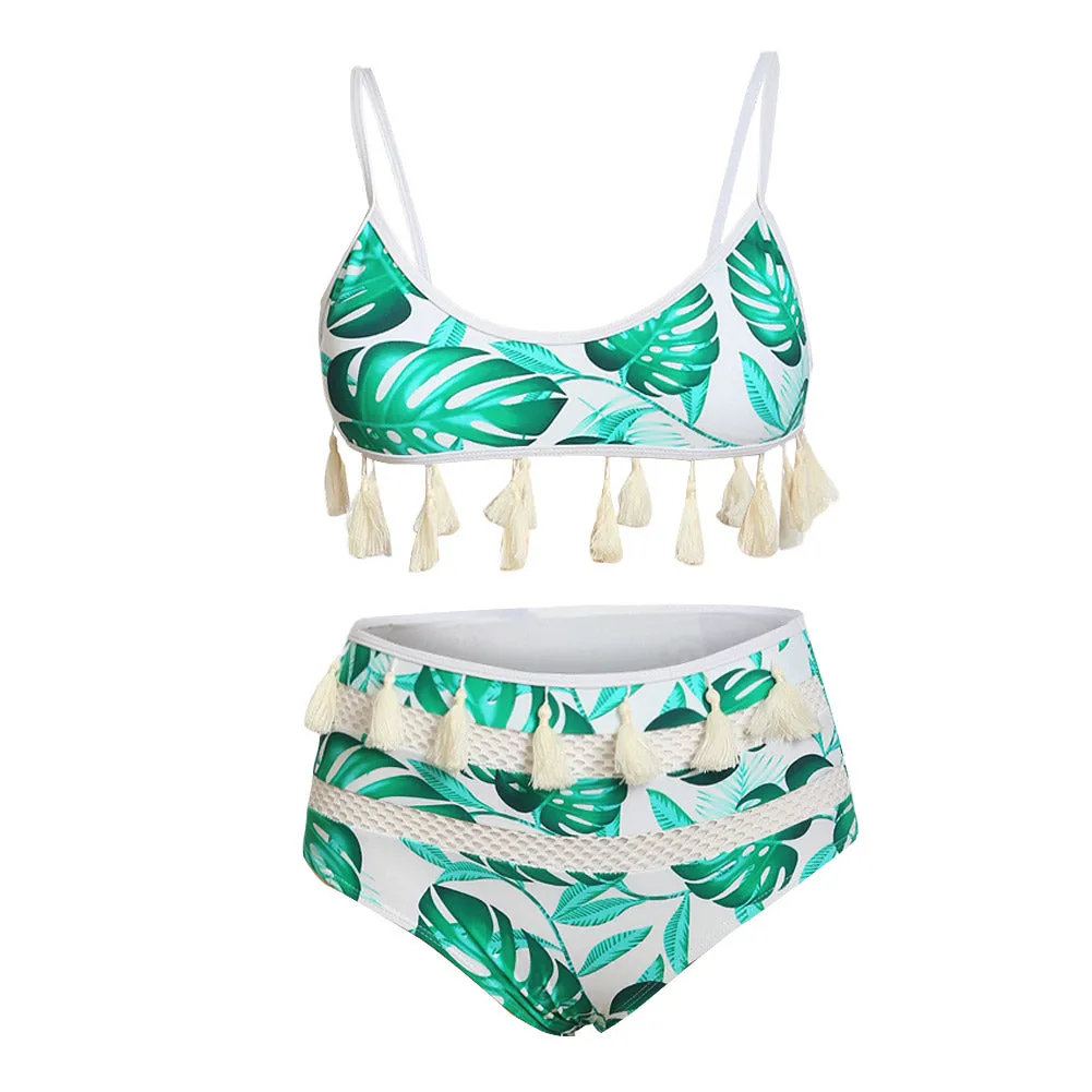 Sexy Spaghetti Straps Backless Tropical Print Tassel Bikini Set