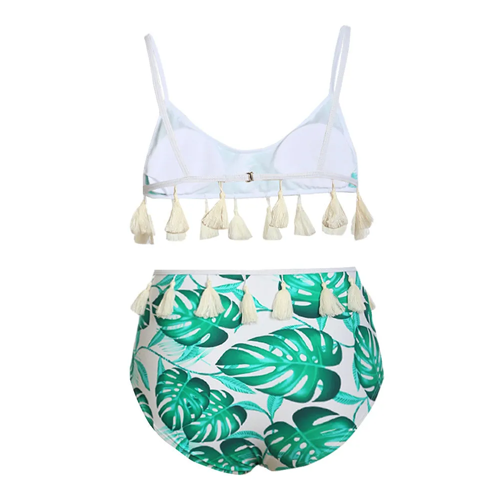 Sexy Spaghetti Straps Backless Tropical Print Tassel Bikini Set