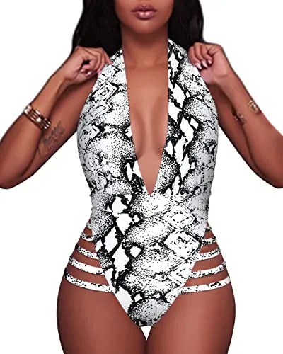 Show Off Your Curves Plunge Deep V Neck One Piece Swimsuits-Black And White Snake Print