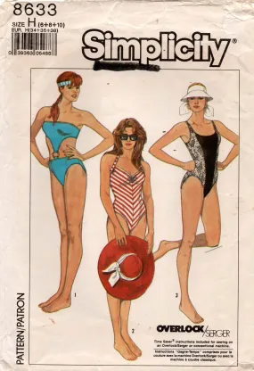 Simplicity 8633 Womens Retro Stretch Swimsuits with High Cut Legs 1980s Vintage Sewing Pattern Size 6 - 10