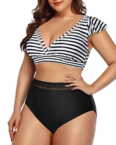 Slimming Tummy Control Bikini Set Two Piece Swimsuits For Women-Black And White Stripe