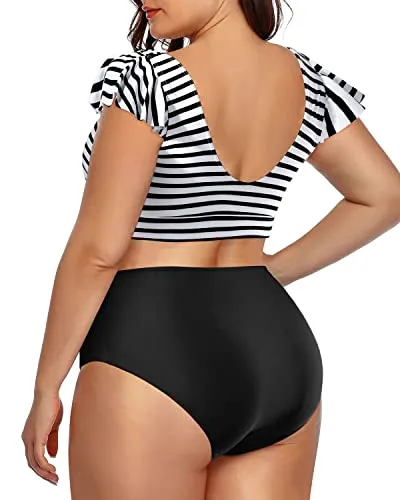 Slimming Tummy Control Bikini Set Two Piece Swimsuits For Women-Black And White Stripe
