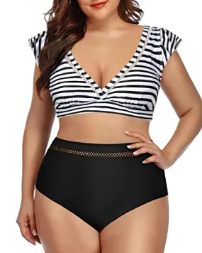 Slimming Tummy Control Bikini Set Two Piece Swimsuits For Women-Black And White Stripe