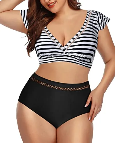 Slimming Tummy Control Bikini Set Two Piece Swimsuits For Women-Black And White Stripe