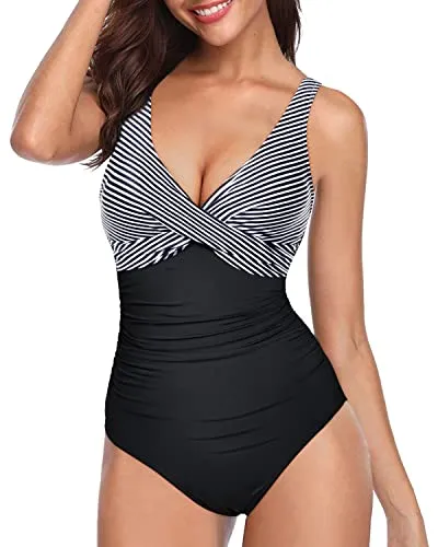 Slimming Tummy Control Push Up 1 Piece Bathing Suit-Black Stripe