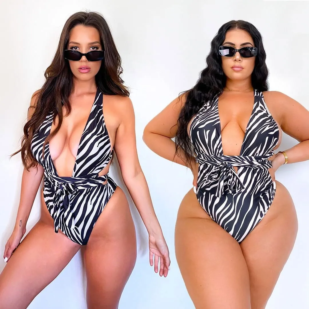 Snug-fit Cut Out Cross Tie Snakeskin One-piece Swimsuits
