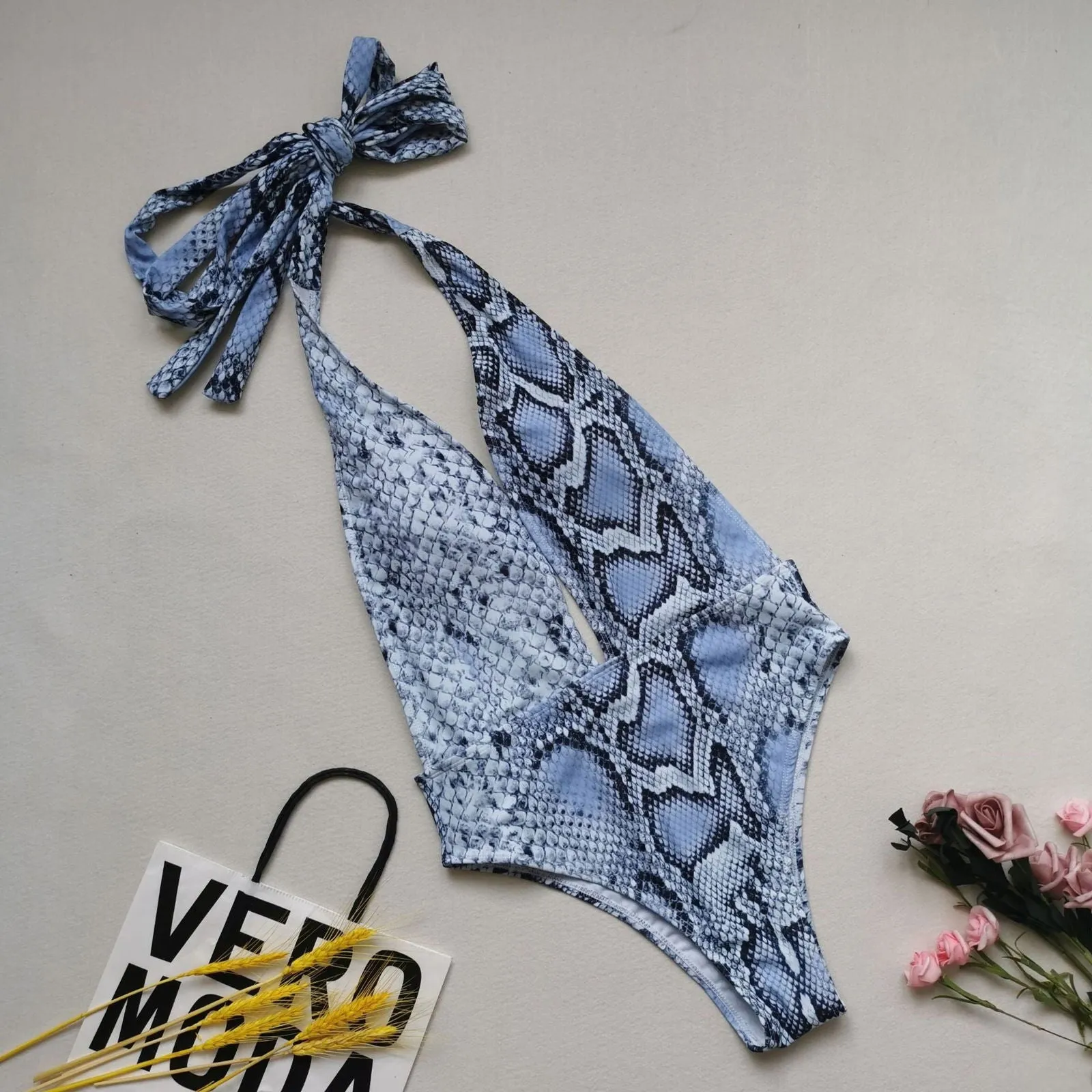 Snug-fit Cut Out Cross Tie Snakeskin One-piece Swimsuits