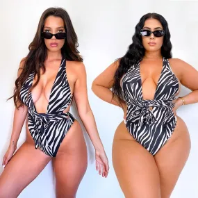 Snug-fit Cut Out Cross Tie Snakeskin One-piece Swimsuits