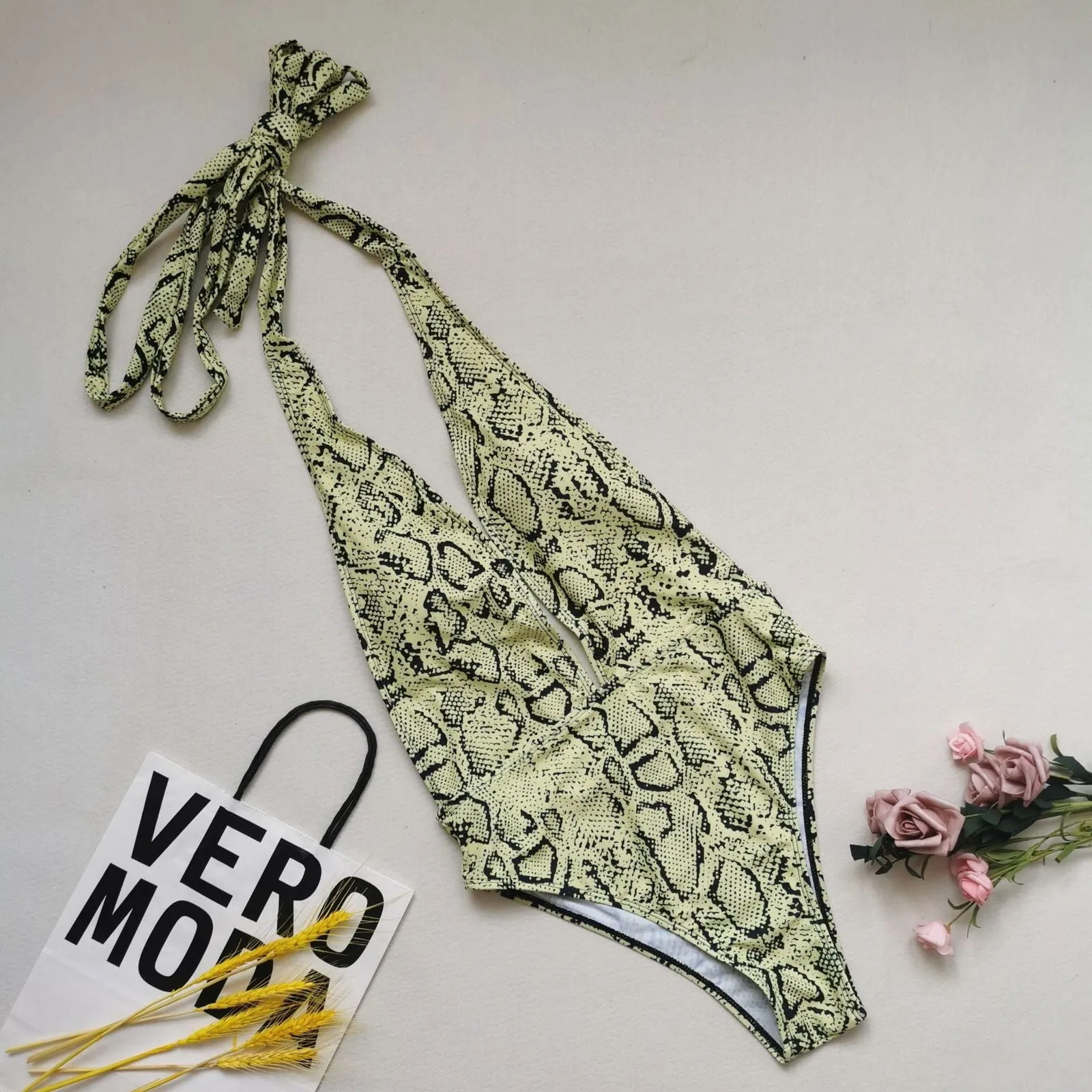 Snug-fit Cut Out Cross Tie Snakeskin One-piece Swimsuits