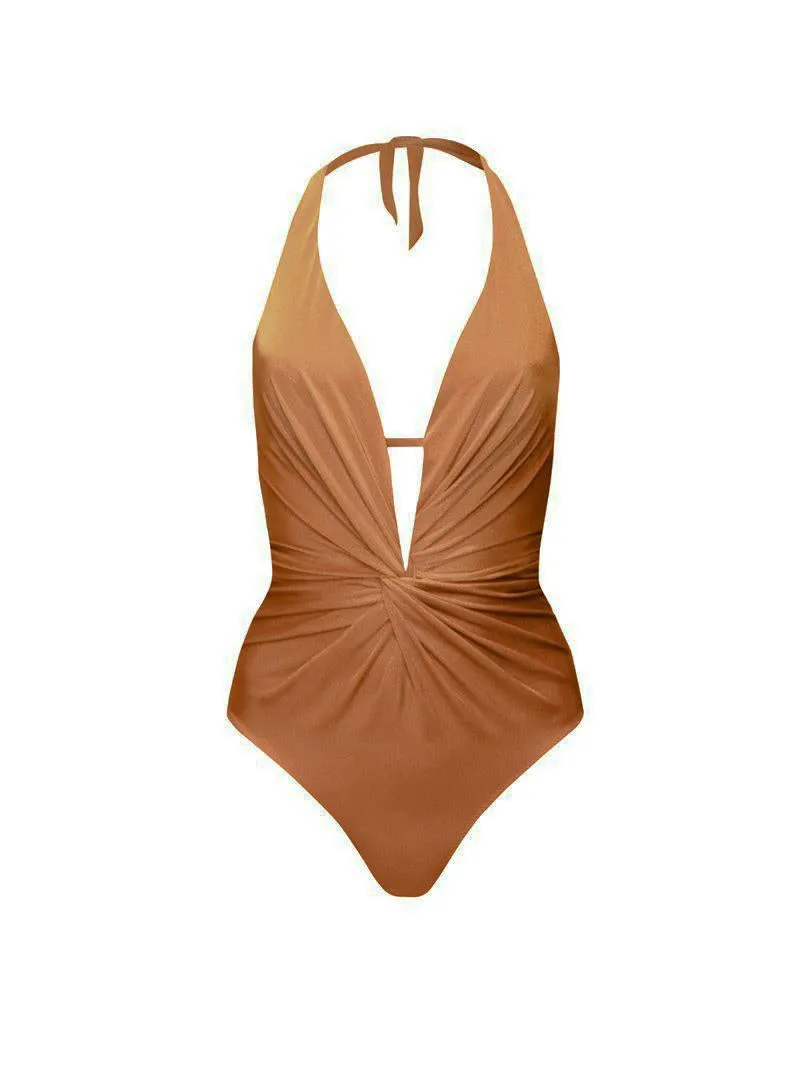 Swimsuit with Twist Tie at the Front - Tan