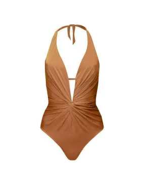Swimsuit with Twist Tie at the Front - Tan