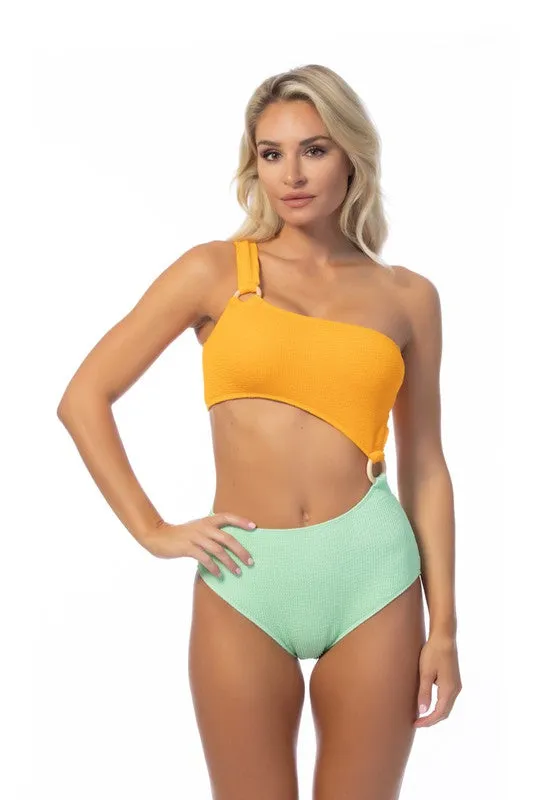 Textured Two-Tone One-Shoulder One Piece