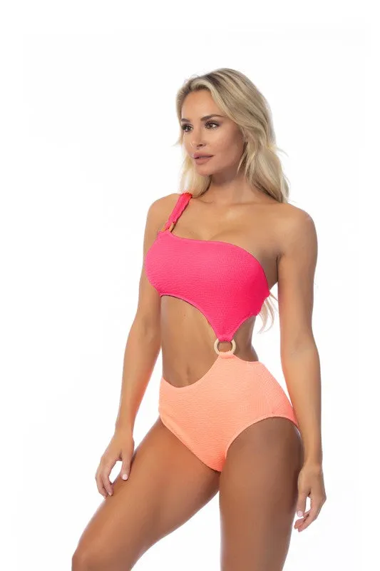 Textured Two-Tone One-Shoulder One Piece