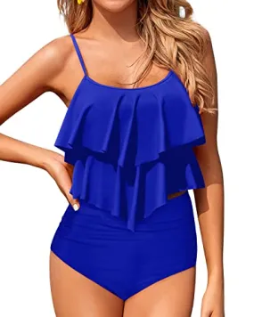 Two Piece Ruffled Bikini Tops With Adjustable Straps Swimsuits For Women-Royal Blue