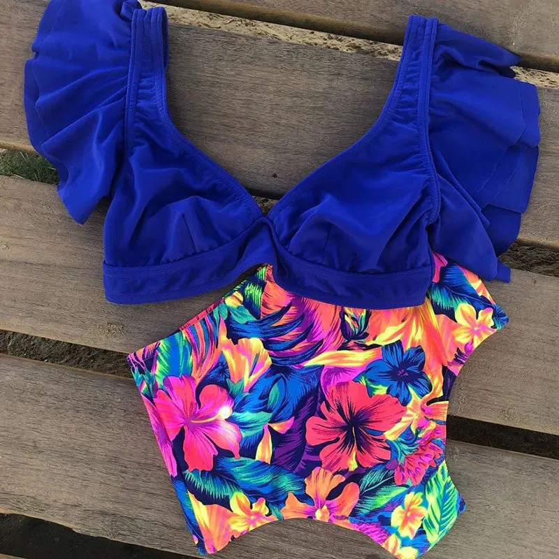 Upopby Floral Ruffled Short Sleeve Swimsuit High Waist Bikini Set