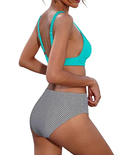 V Neck Two Piece High Waisted Bikini Tummy Control Bathing Suit-Aqua Stripe