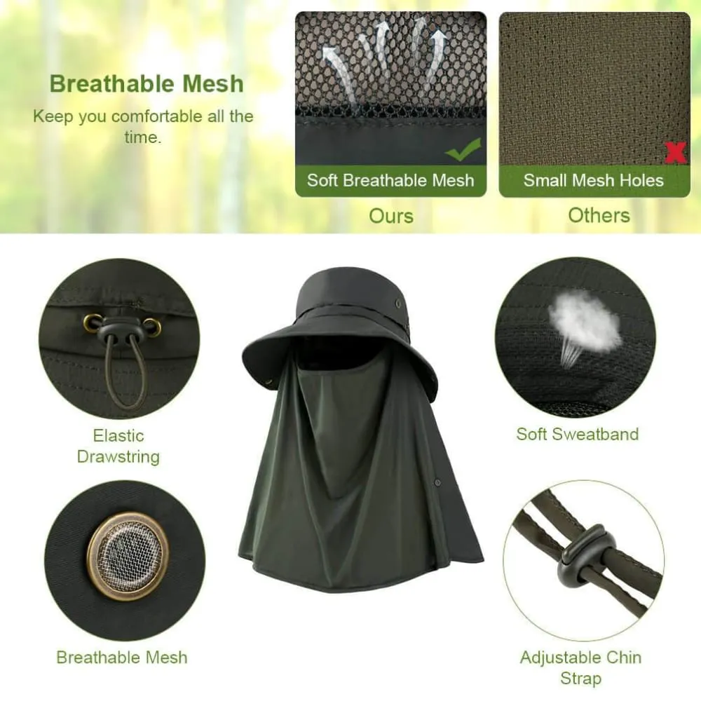 Vbiger Unisex Sun Hat Breathable Bucket Hat Quick-dry Outdoor Hats Foldable Fishing Cap with Detachable Flaps
