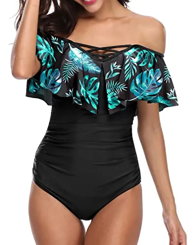 Vintage Ruffle Swimwear Adjustable Spaghetti Shoulder Straps For Women-Black And Green Leaves
