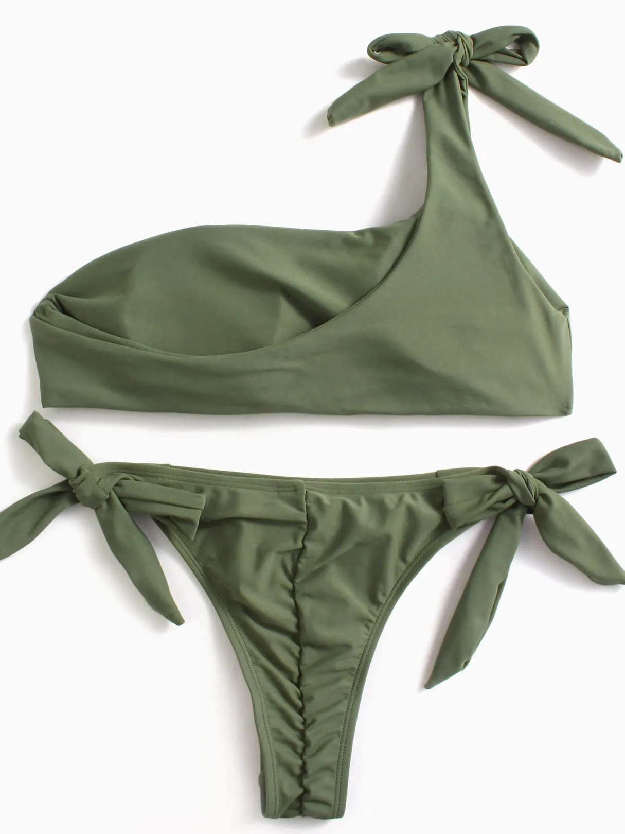 Wholesale Green Asymmetrical Sleeveless Tie-Up Bodycon High-Waisted Bikini Swimsuit