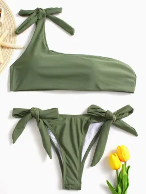 Wholesale Green Asymmetrical Sleeveless Tie-Up Bodycon High-Waisted Bikini Swimsuit