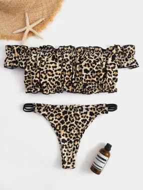 Wholesale Off The Shoulder Short Sleeve Leopard Bikini Swimwear