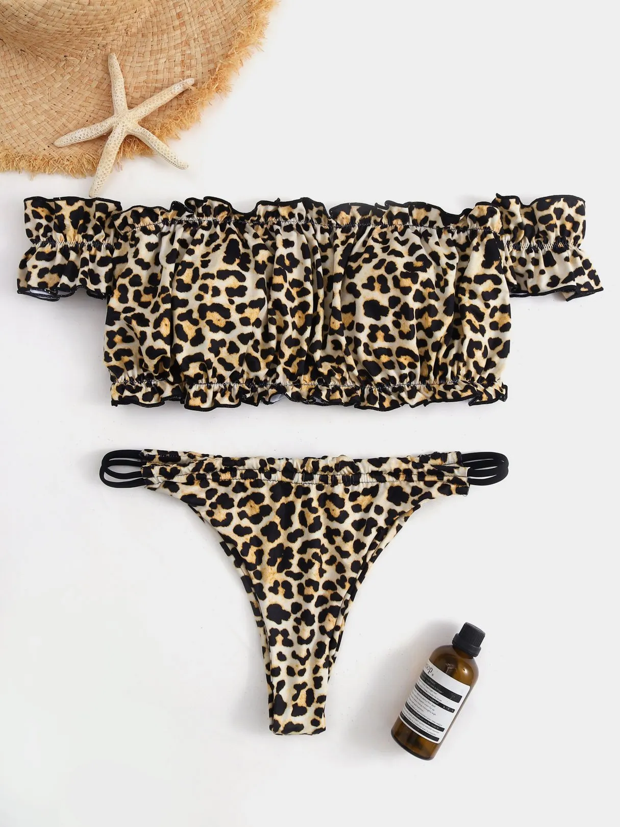 Wholesale Off The Shoulder Short Sleeve Leopard Bikini Swimwear