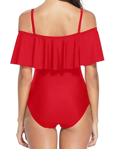 Women Sexy Off Shoulder Tummy Control Bathing Suits Vintage Ruffle Swimwear-Red