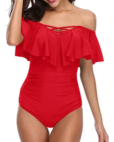 Women Sexy Off Shoulder Tummy Control Bathing Suits Vintage Ruffle Swimwear-Red