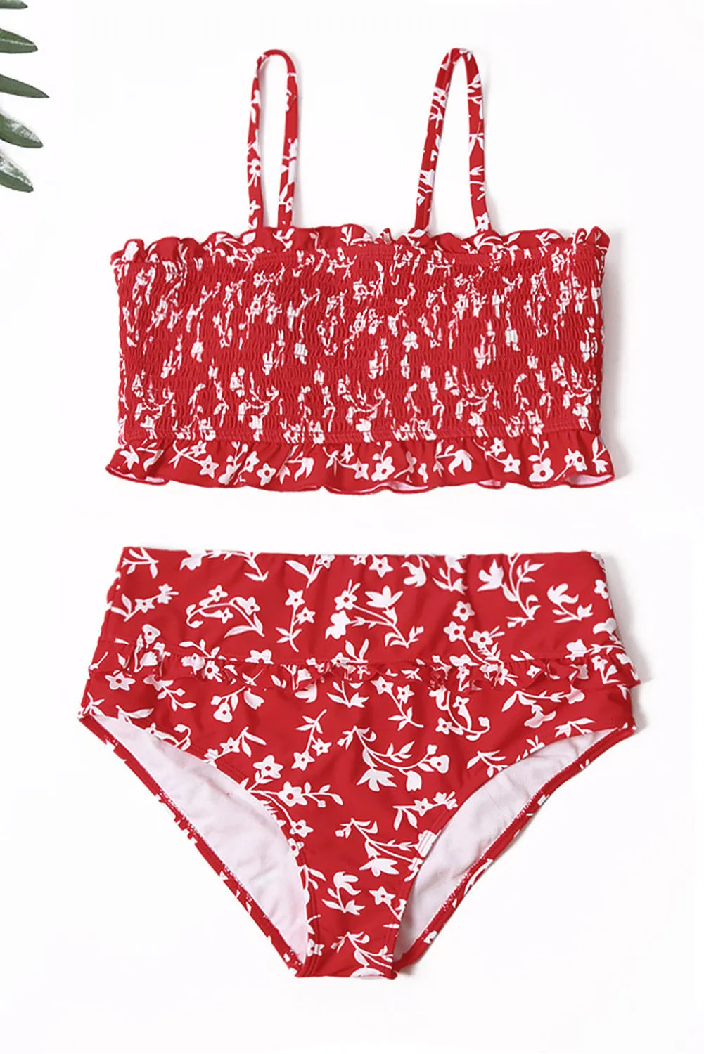 Womens Bandeau Smocked Top Print High Waisted Bikini Set Bathing Suit