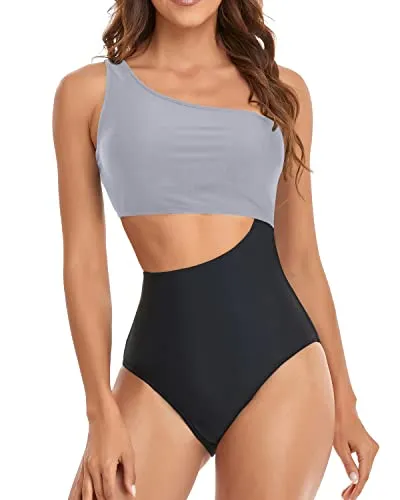 Women's One Shoulder Asymmetric Swimsuit Cutout Swimwear Monokini-Gray