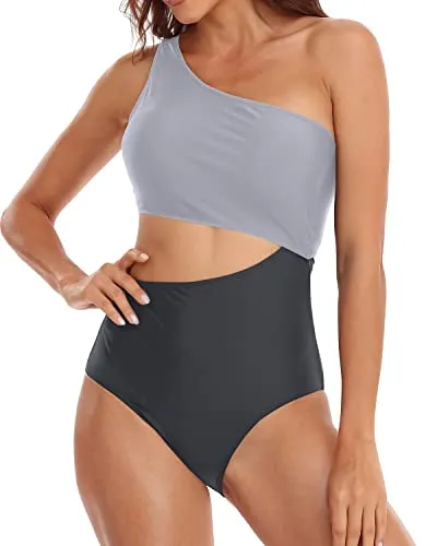 Women's One Shoulder Asymmetric Swimsuit Cutout Swimwear Monokini-Gray