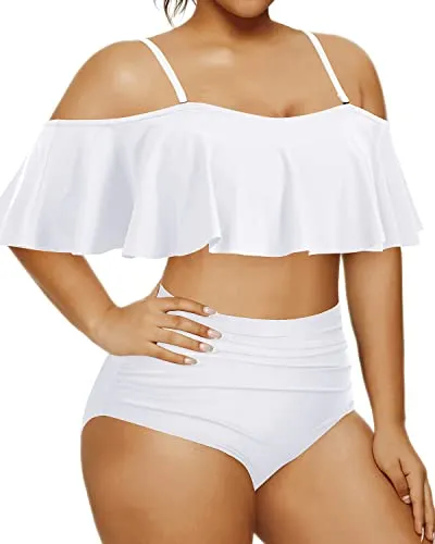 Women's Plus Size Two Piece Bikini Ruffle Swimsuits-White