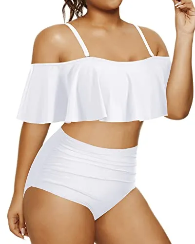 Women's Plus Size Two Piece Bikini Ruffle Swimsuits-White