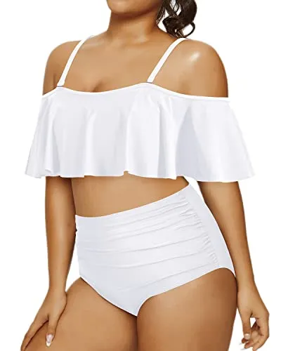 Women's Plus Size Two Piece Bikini Ruffle Swimsuits-White