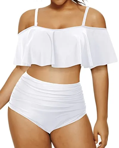 Women's Plus Size Two Piece Bikini Ruffle Swimsuits-White