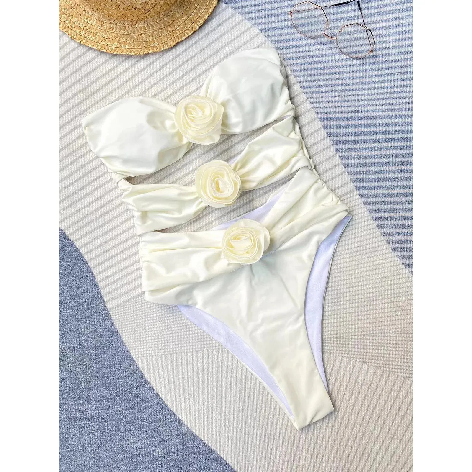 Women's Solid 3D Floral Cut Out One Piece Swimsuit Push Up Monokini