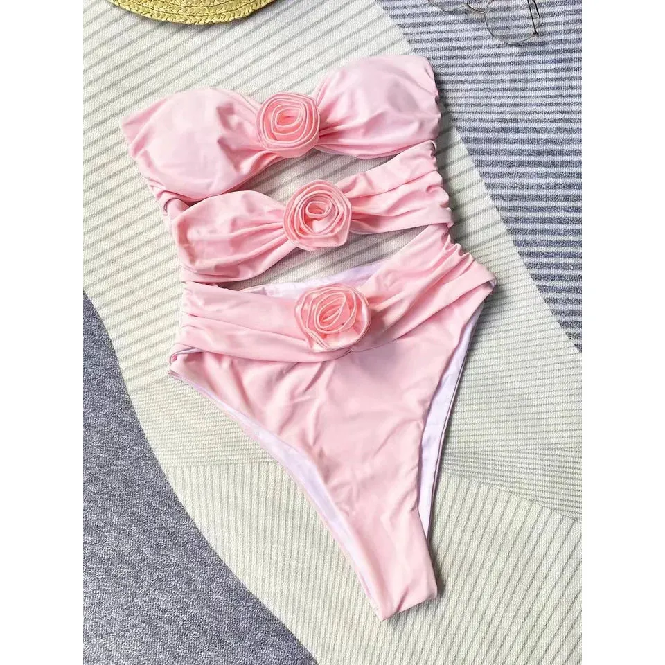 Women's Solid 3D Floral Cut Out One Piece Swimsuit Push Up Monokini