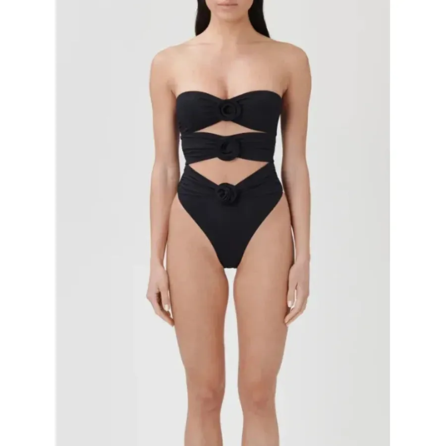 Women's Solid 3D Floral Cut Out One Piece Swimsuit Push Up Monokini