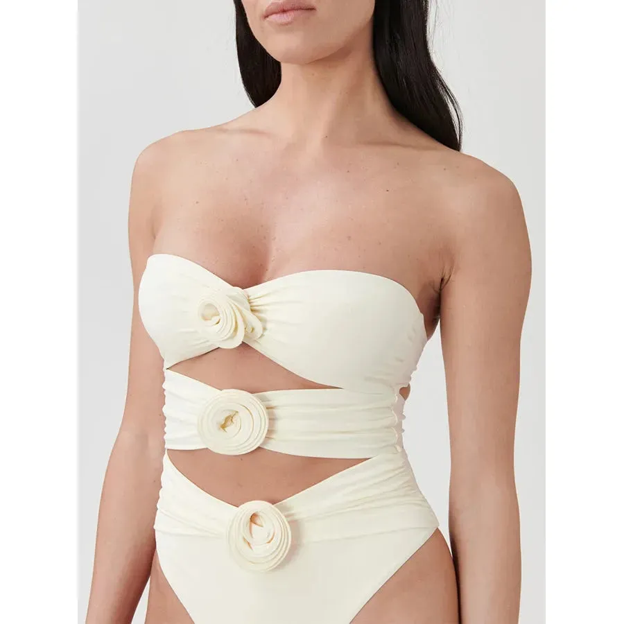 Women's Solid 3D Floral Cut Out One Piece Swimsuit Push Up Monokini